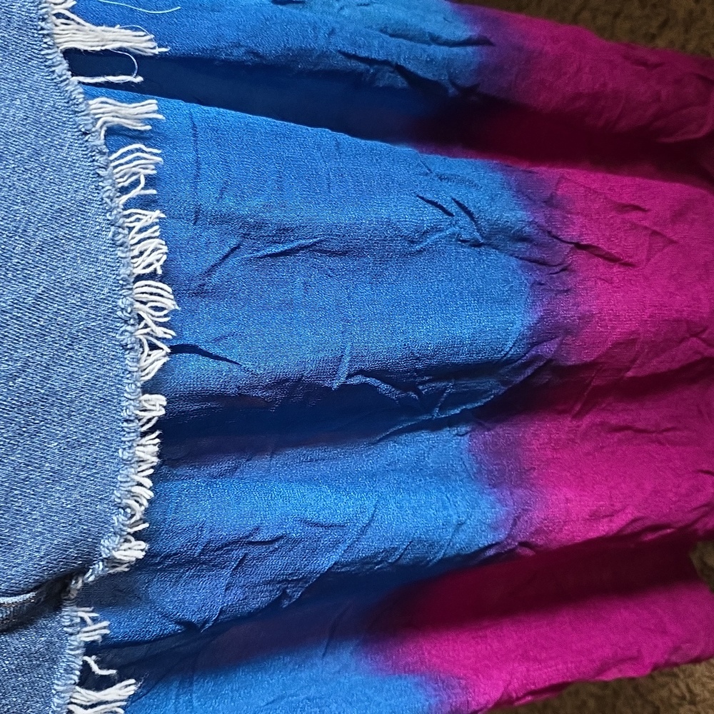 Upcycled Red and Blue Tiered Distressed Midi Blue Jean Skirt - Picture 8 of 12